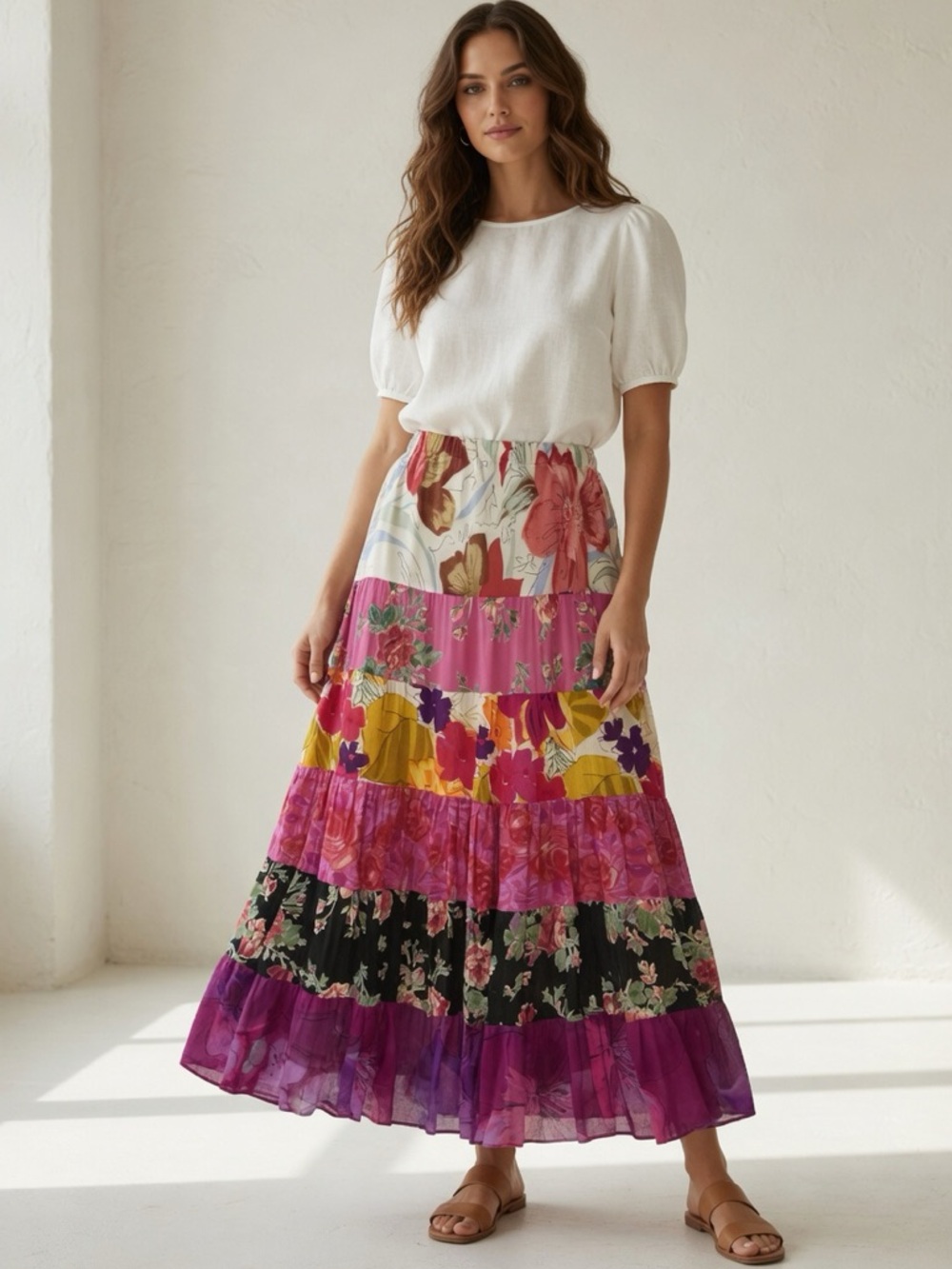 Coldwater Creek Floral Patchwork Tiered Maxi Skirt - Pink, Purple, Yellow, Black
